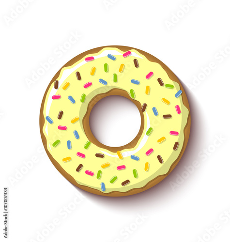 Ring shaped donut covered with vanilla or lemon flavoured yellow icing and placed on white background