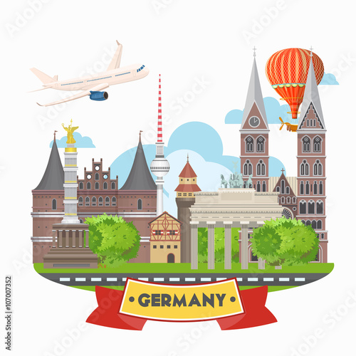 Germany travel poster. Trip architecture concept. Touristic background with landmarks, castles, monuments.