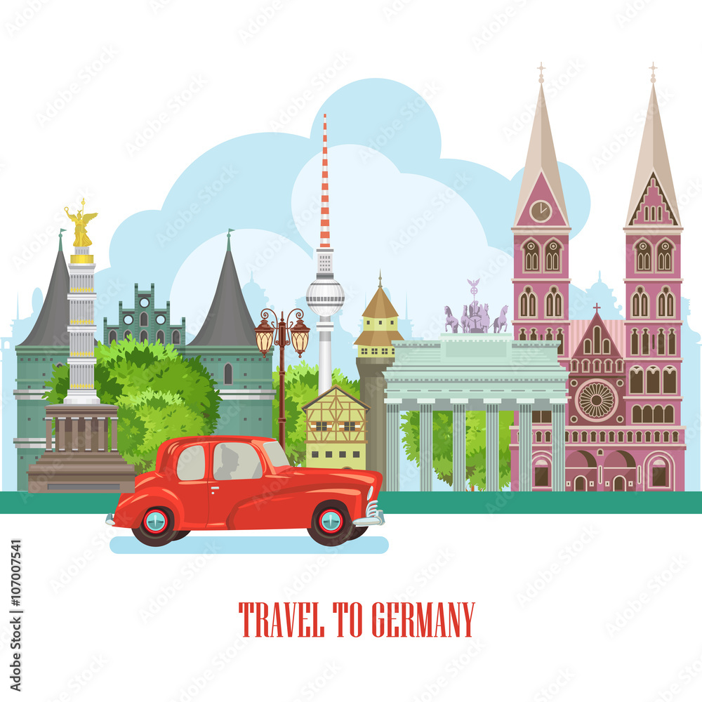 Germany travel poster. Trip architecture concept. Touristic background with landmarks, castles, monuments. Germany travel poster. Trip architecture concept. Touristic background with landmarks, castles, monuments.