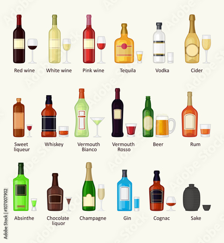 Set of different alcohol drink bottle and glasses vector illustration. 