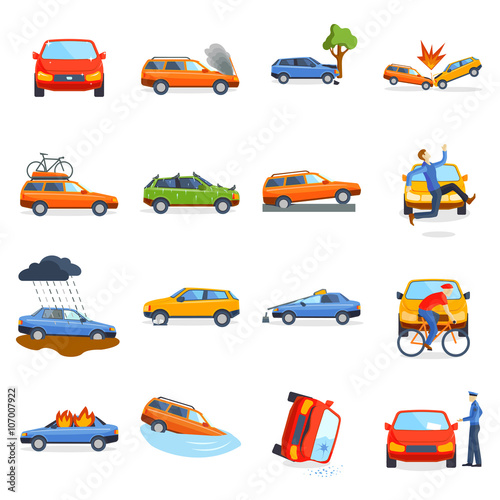 Accident road on street damaged automobiles after collision car crash vector.
