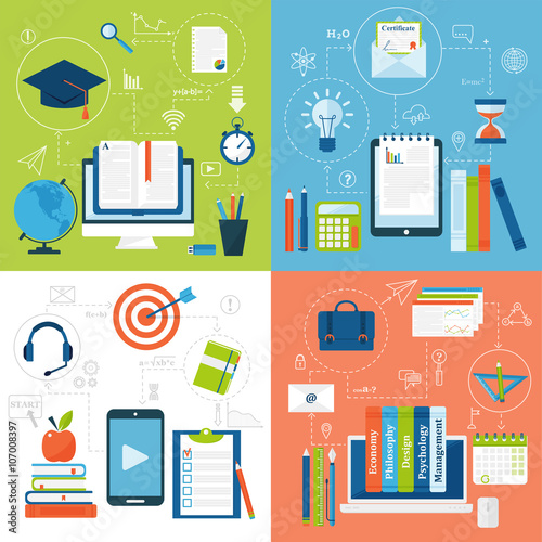 Online education flat icons vector set of distance school and webinar symbols.