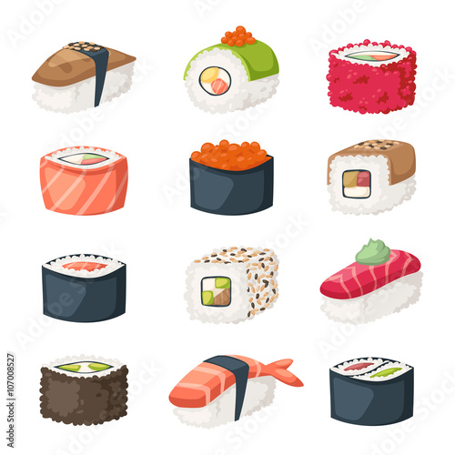 Sushi roll with salmon, smoked eel, selective food vector. 