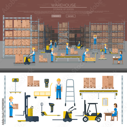 Warehouse worker taking package in shelf logistic industry flat vector banners.