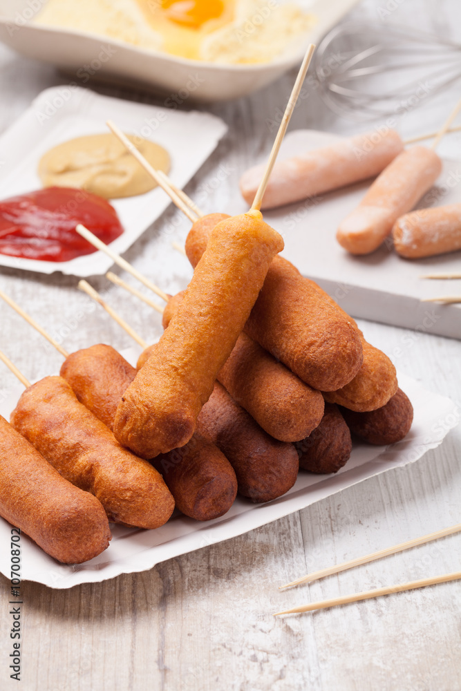 Fototapeta premium Corn dog. Sausage baked in corn dough.