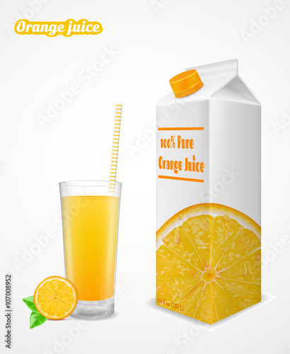 Glass of fresh orange juice  and paper pack isolated on white ba