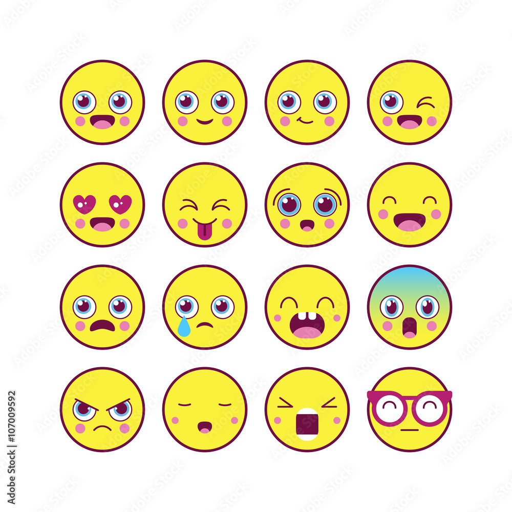 Fototapeta premium Emoticons, emoji linear icon set. Kawaii cute emoticons. Isolate