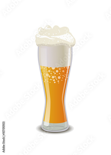 Glass of light beer with foam, isolated on white