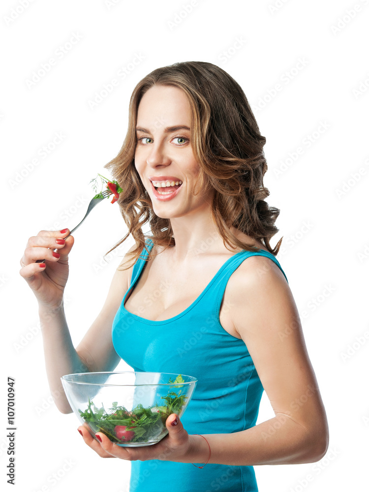 girl holding a plate and eating salad girl holding a plate and eating salad