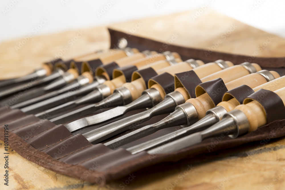 Wood worker's chisel set closeup Wood worker's chisel set closeup