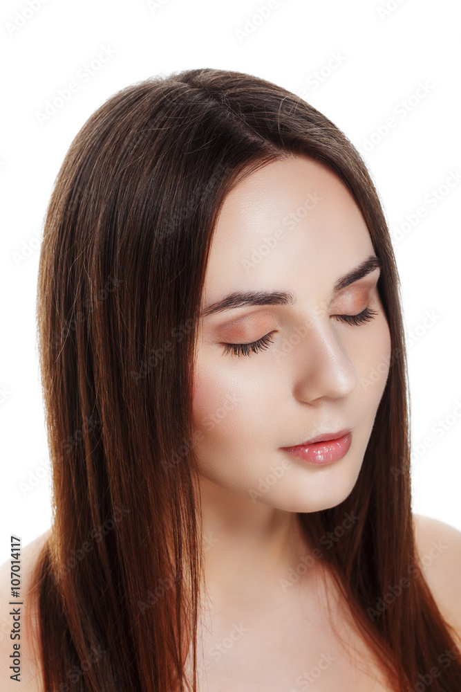 Beauty portrait of pretty girl with natural makeup. Beautiful spa woman touching her face. Perfect fresh skin. Pure beauty model girl. Youth and skin care concept. closed eyes