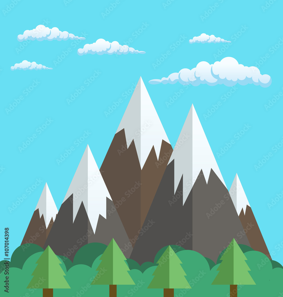 Natural landscapes of mountains and forest in a flat style on blue background with clouds