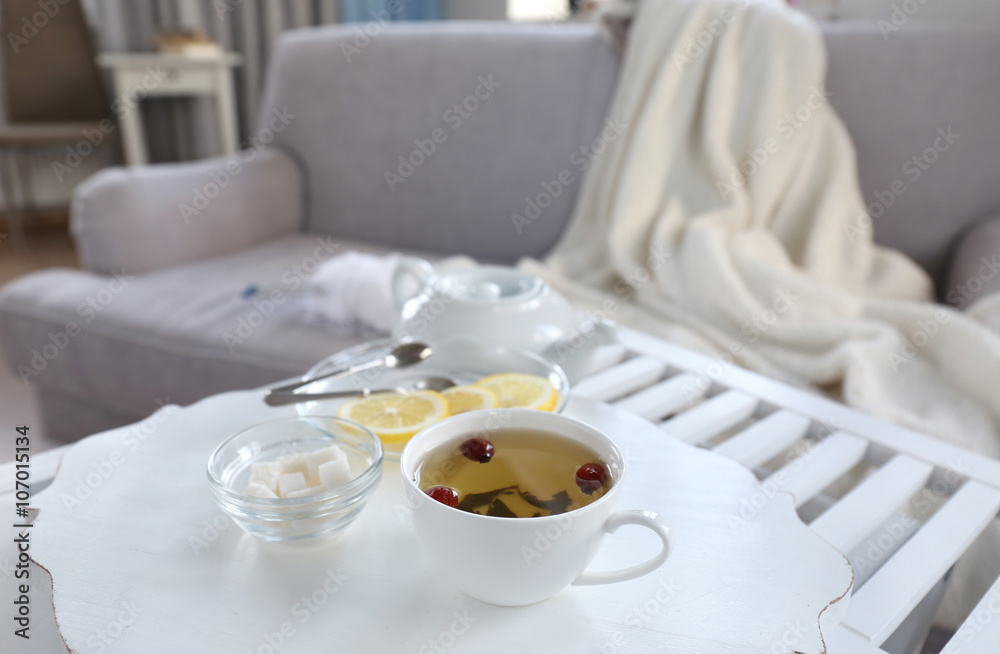 Tea set on a white wooden tray Tea set on a white wooden tray