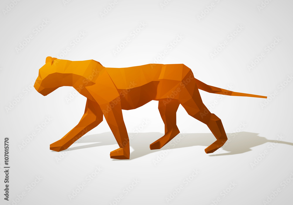 Fototapeta premium 3D illustration of origami lion. Polygonal lion. Walking geometric style lion.