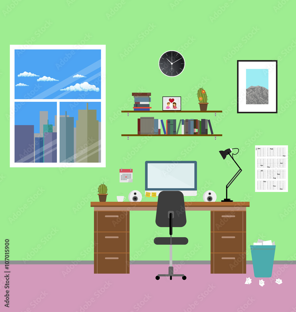 Cozy modern workplace near the window in room. Flat style. Creative office workplace Cozy modern workplace near the window in room. Flat style. Creative office workplace