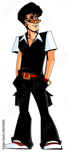 Trendy Caucasian man in black trousers, waistcoat and red sneakers.