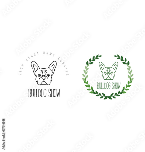 Set of logos with french bulldog and twigs. Nanoline style.