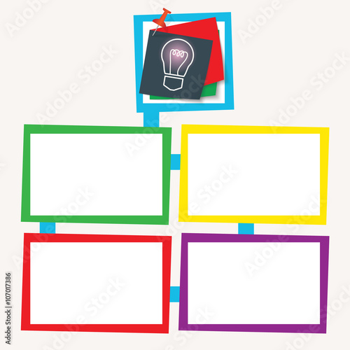 Four colored frames for your text with pushpin and bulb