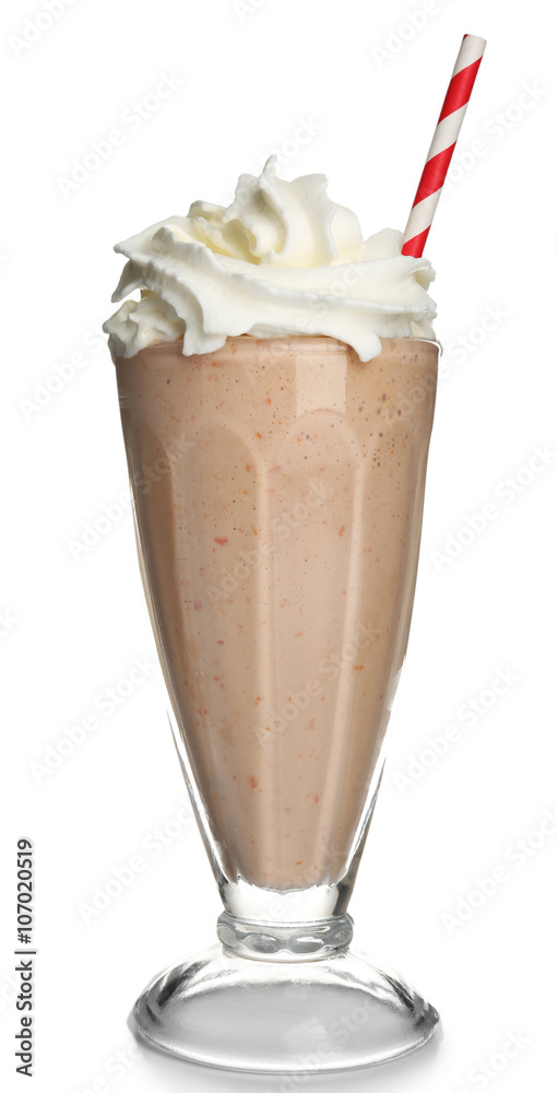Glass of milk cocktail with cream isolated on white Glass of milk cocktail with cream isolated on white