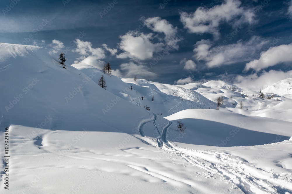 Ski tracks on a slope.