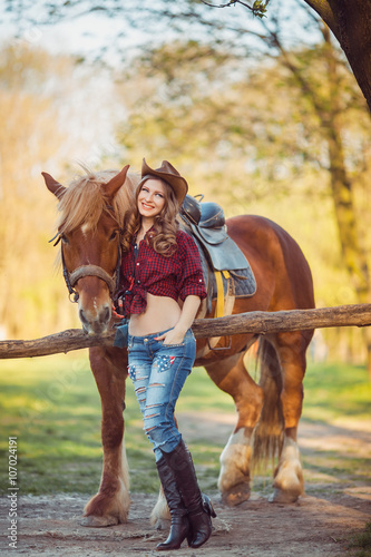 Woman and Horse. Wild West Retro Style