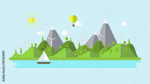 green ecology flat landscape with wind power plant and sailing boat 4k cartoon animation