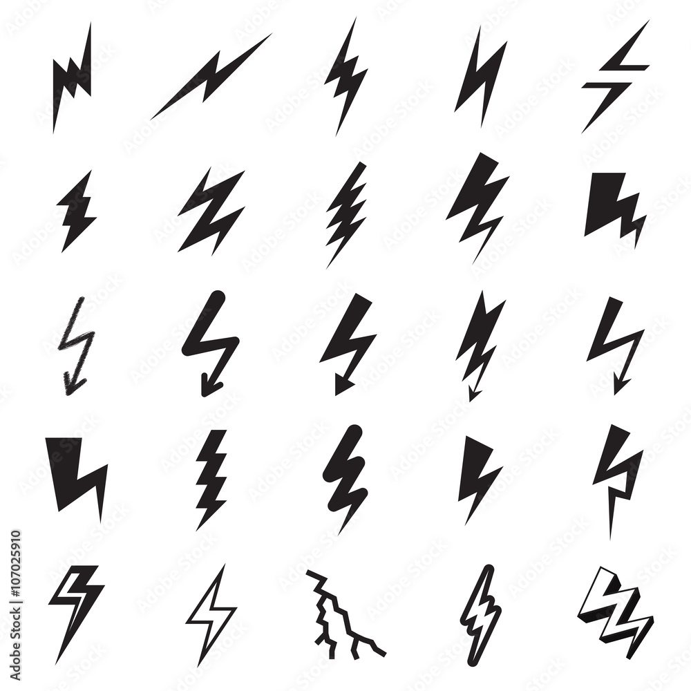 Collection of 25 lightning bolt icons isolated on a white background. Vector illustration Collection of 25 lightning bolt icons isolated on a white background. Vector illustration