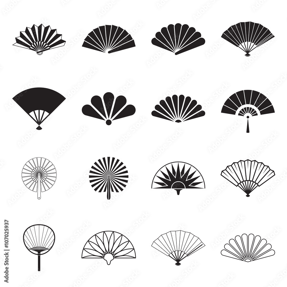 Hand fan icons. Collection of handheld icons isolated on a white background. Icons of folding and rigid fans. Vector illustration. - obrazy, fototapety, plakaty 