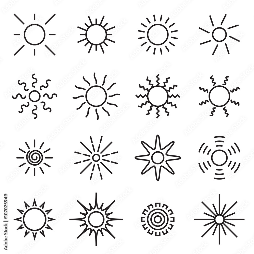 Sun icons. Collection of linear sun icons isolated on a white background. Simple sun symbols. Vector illustration - obrazy, fototapety, plakaty 