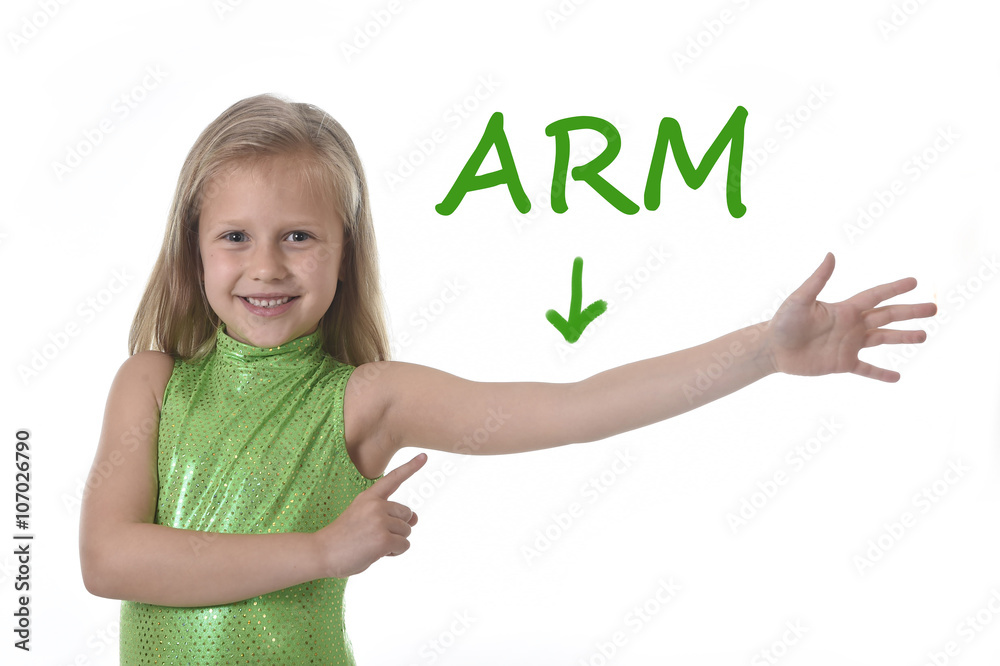 cute little girl pointing her arm in body parts learning English words