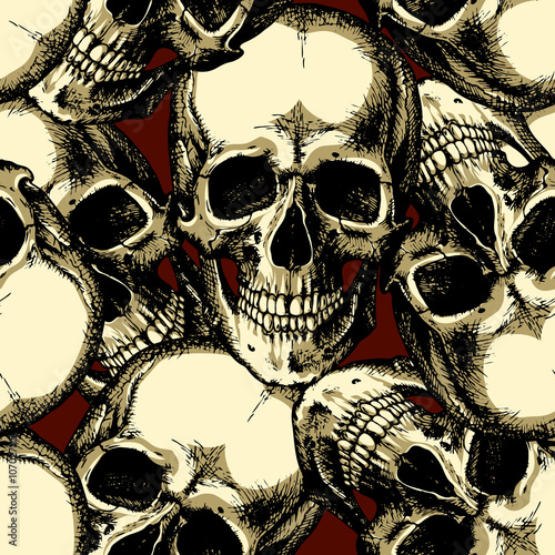 Skull on red background seamless pattern