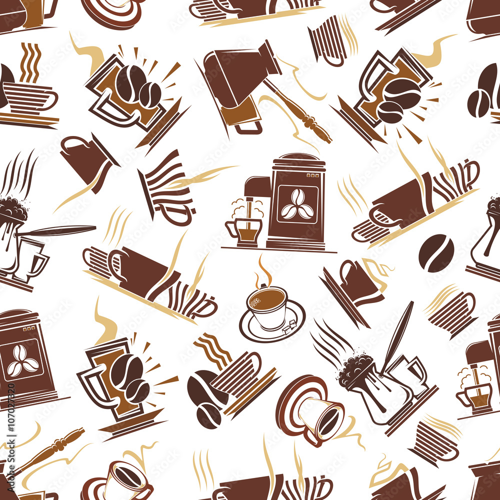 Naklejka Brown seamless pattern of coffee drinks