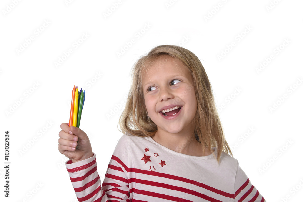 beautiful little girl holding multicolor crayons set in art school children education concept beautiful little girl holding multicolor crayons set in art school children education concept