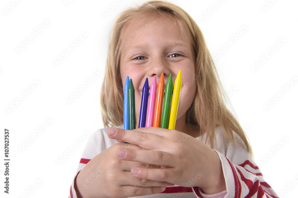 beautiful little girl holding multicolor crayons set in art school children education concept beautiful little girl holding multicolor crayons set in art school children education concept