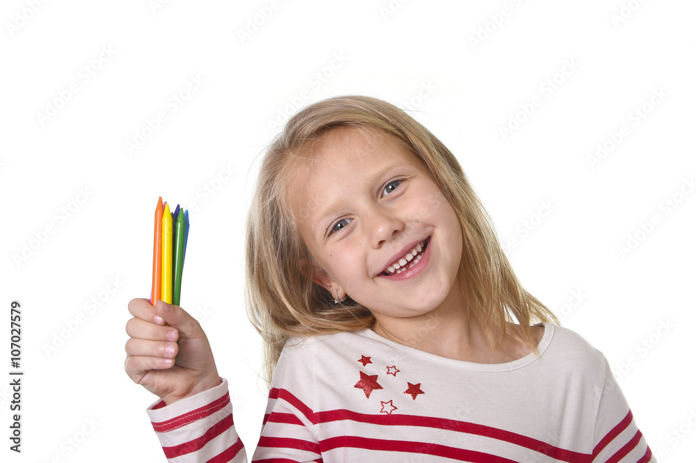 beautiful little girl holding multicolor crayons set in art school children education concept beautiful little girl holding multicolor crayons set in art school children education concept