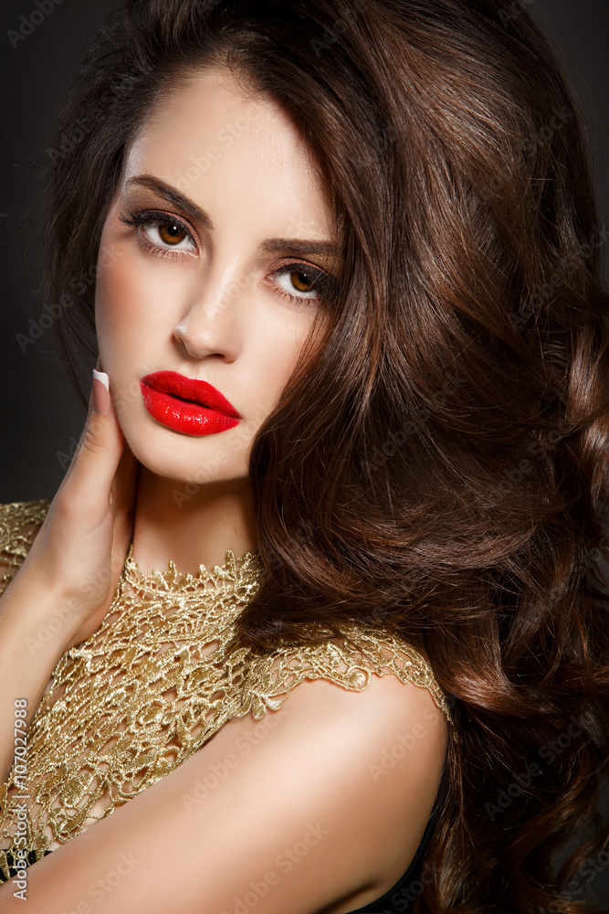 Beauty woman red lips long curly hair brunette Beauty woman red lips long curly hair brunette