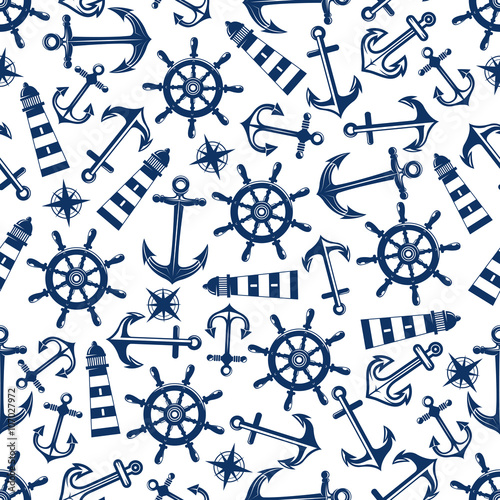 Marine seamless pattern with blue items