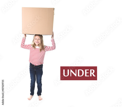 cute and sweet blond hair child standing under cardboard box learning English card set