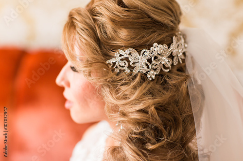 young woman bride with beautiful hairstyle and stylish hair accessory, rear view