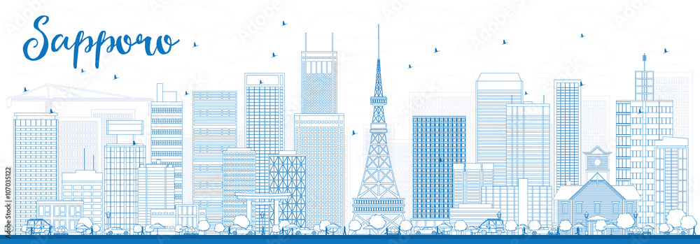 Outline Sapporo Skyline with Blue Buildings.