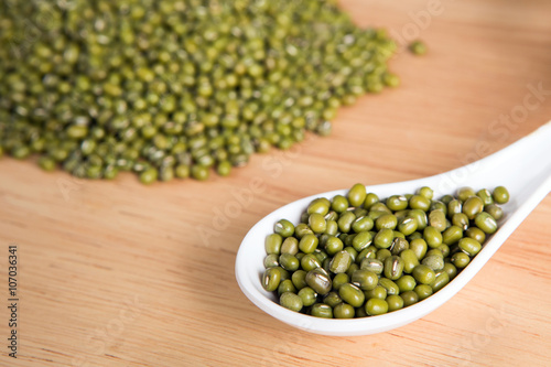 spoon of green bean seed in front of a blurry pile of green bean