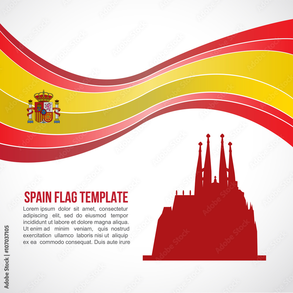 Spain flag wave and Sagrada Familia