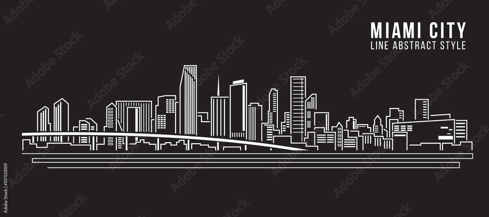 Naklejka premium Cityscape Budynek Grafika liniowa Projekt ilustracji - miasto Miami