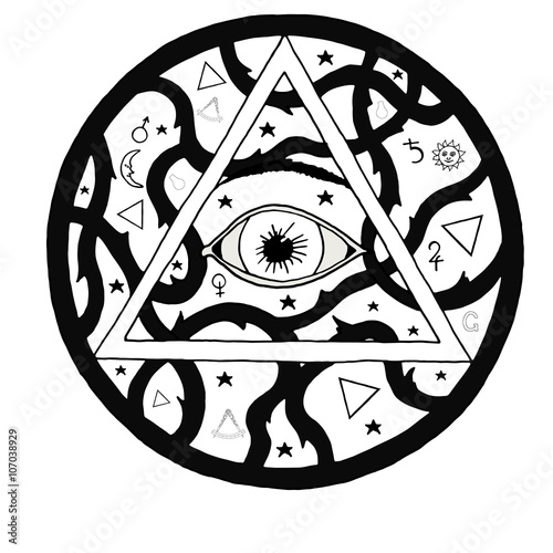 All seeing eye pyramid symbol in tattoo engraving design