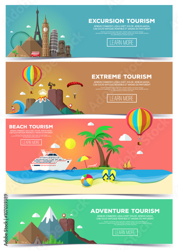 Colorful vector flat banners set. Travel and tourism banner set.