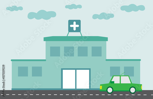 Hospital building with green car flat design retro 