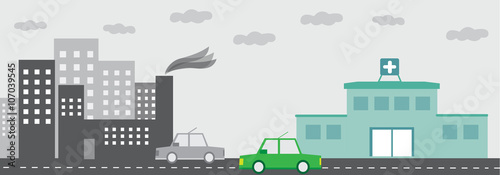 Hospital with factory building with pollution landscape and with green car
