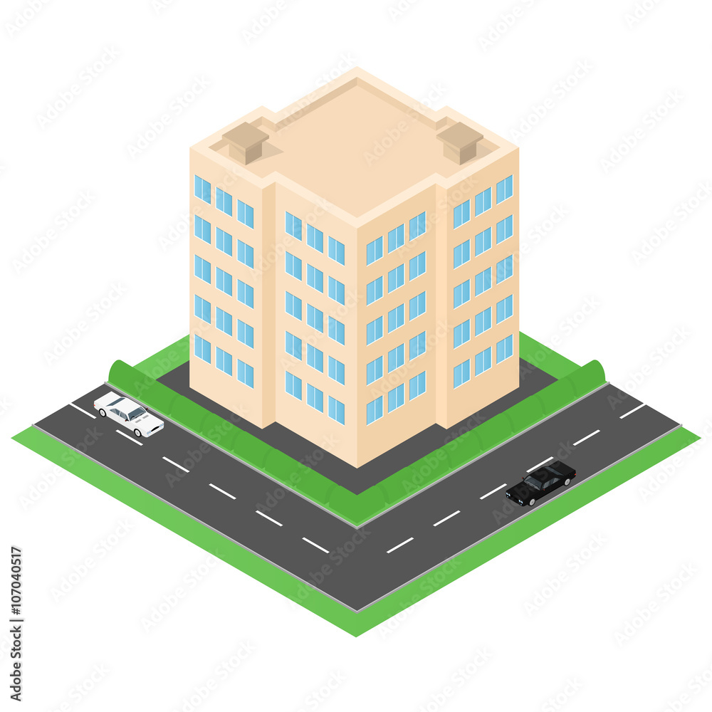Beige house in the isometric. Road and two cars.