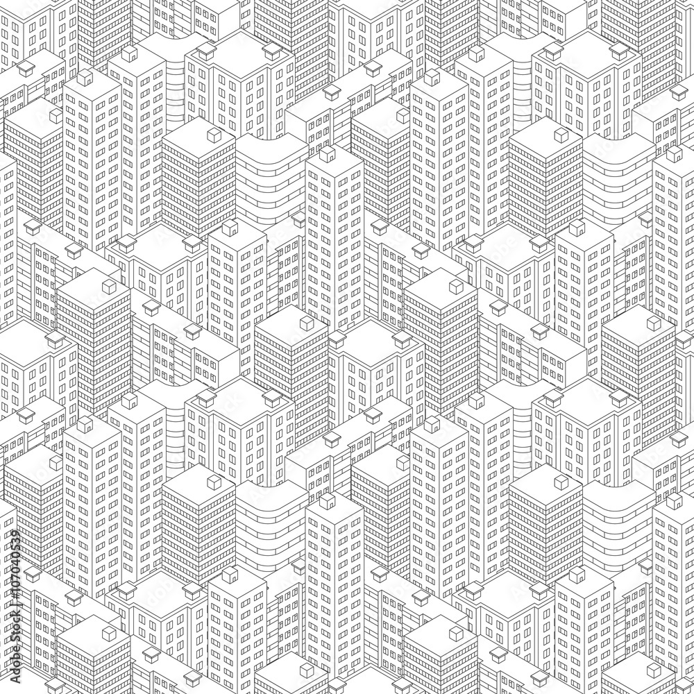 Town in isometric view. Seamless pattern with houses.