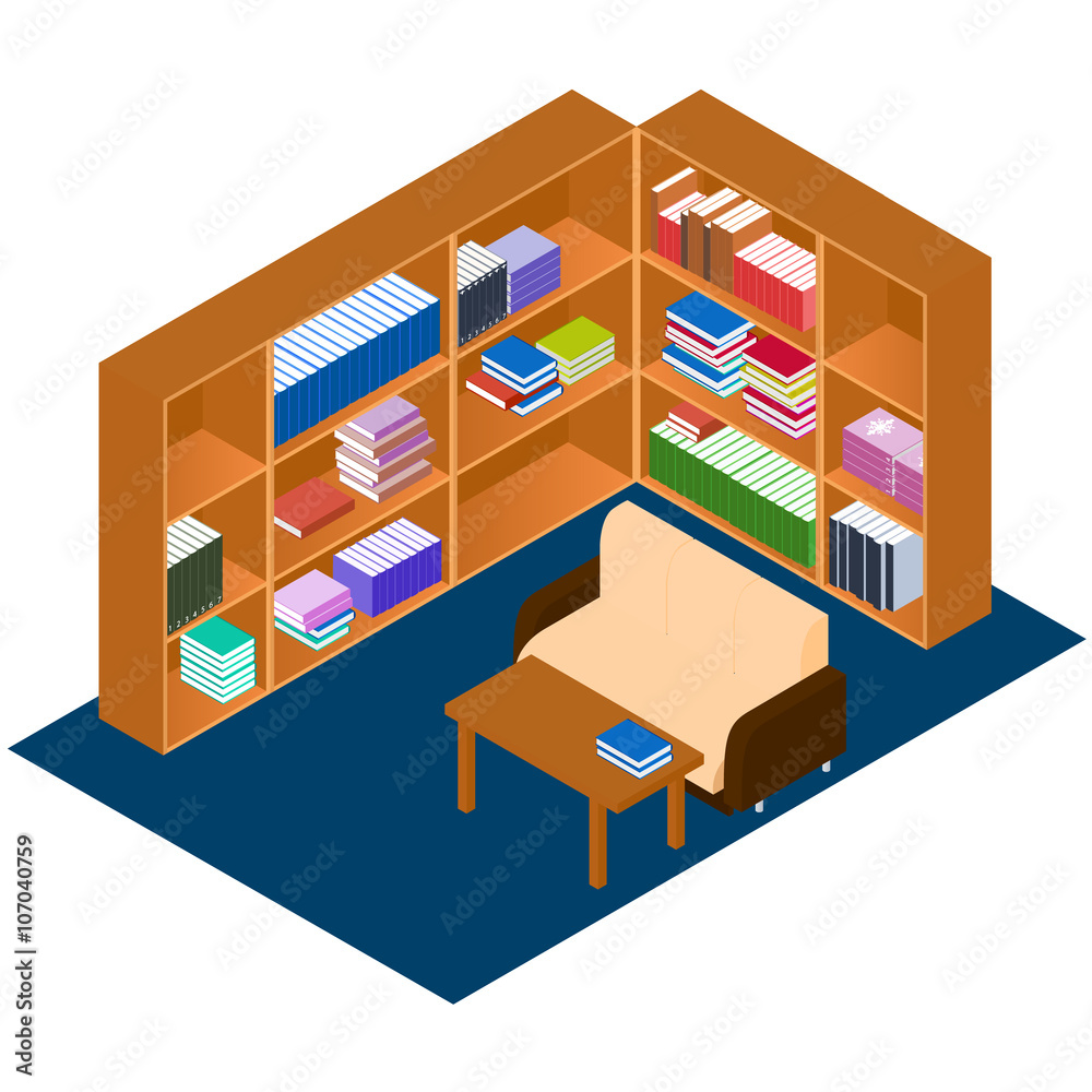 Library isometric. Comfortable place for reading books. Library isometric. Comfortable place for reading books.